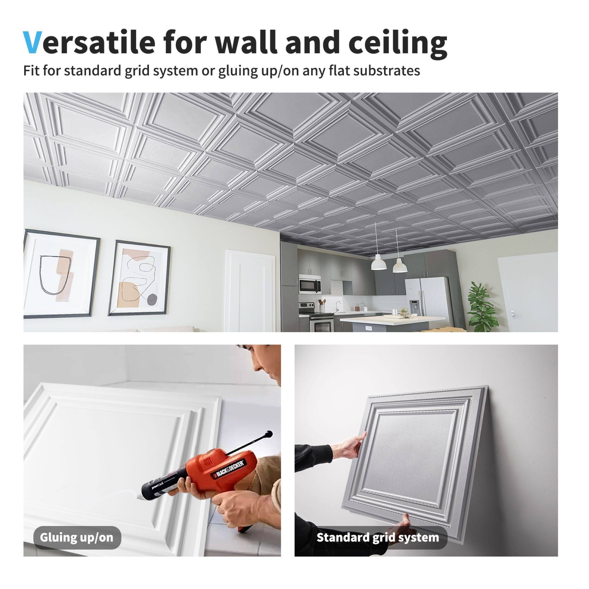 Art3d 2x2 ft. PVC Ceiling Tiles,Glue Up Ceiling Tile in Argent Silver