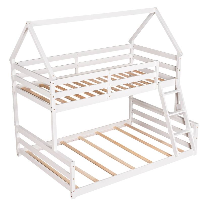 Roomfitters Twin Over Full House Bunk Bed with Built-In Ladder, Playhouse Roof
