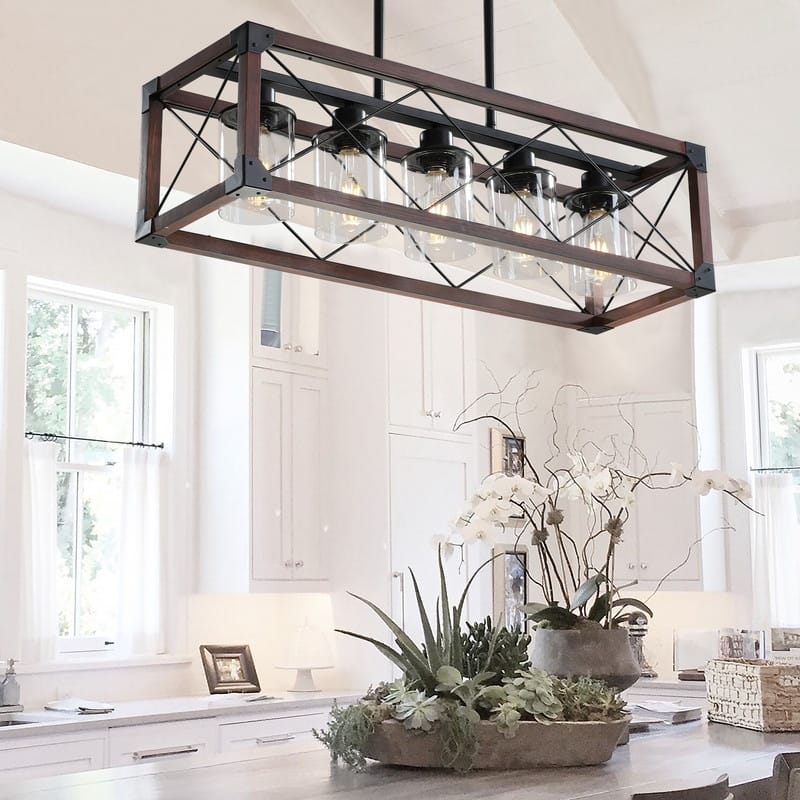 32-Inch Industrial Farmhouse Pendant Light in Red Wood - Five-Light Rectangular Chandelier with Fabric Lampshades(No Bulbs)