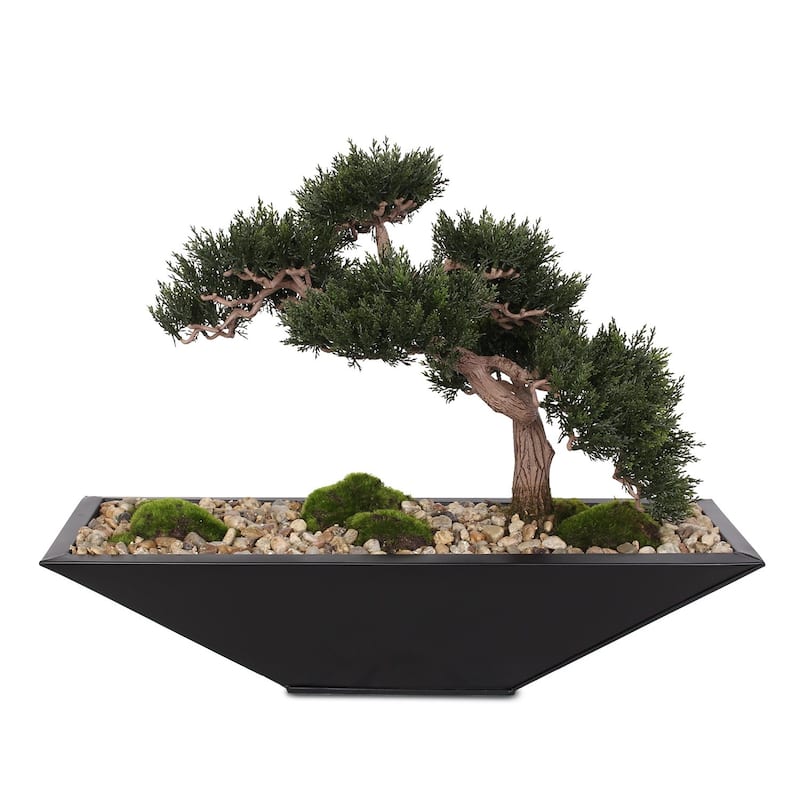 Artificial Cedar Bonsai, Moss, Natural Pebbles in Black Metal Zinc Pot - 22.5W x 13D x 17H