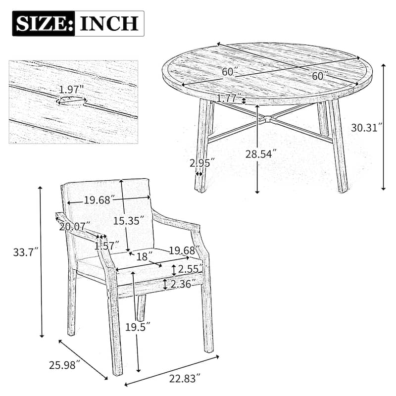 4-Person Outdoor Wooden Dinning Set with an Umbrella Hole and Removable Cushions