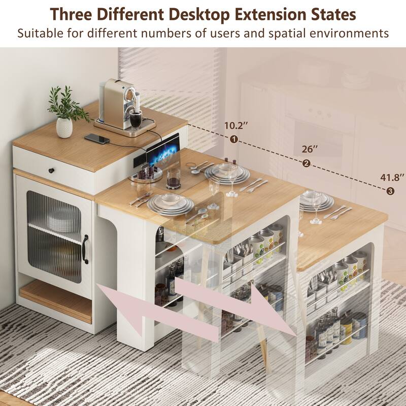 Modern 59.5" Extendable Kitchen Island - Double-sided Storage with 2 Drawers and Power Outlet