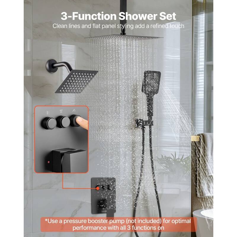 Matte Black 3-Function Rainfall Shower System with 4-in-1 Handheld Side and Overhead Shower