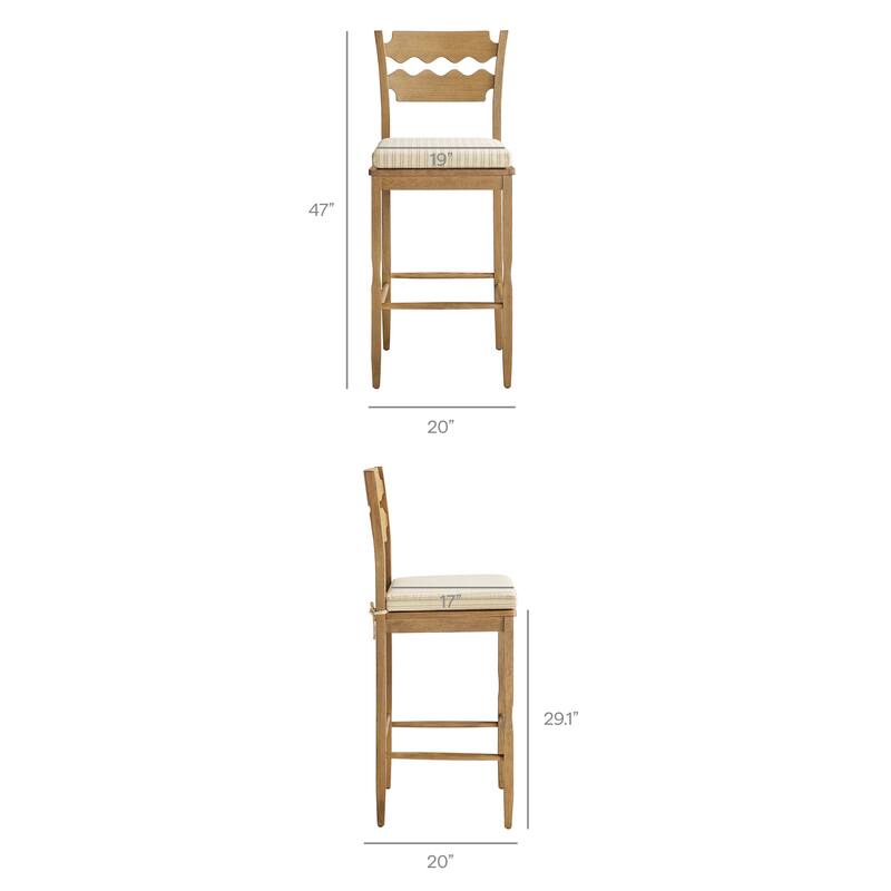 Jax Oak Wood Bar Stool With Wavy Razor Back and Cushion