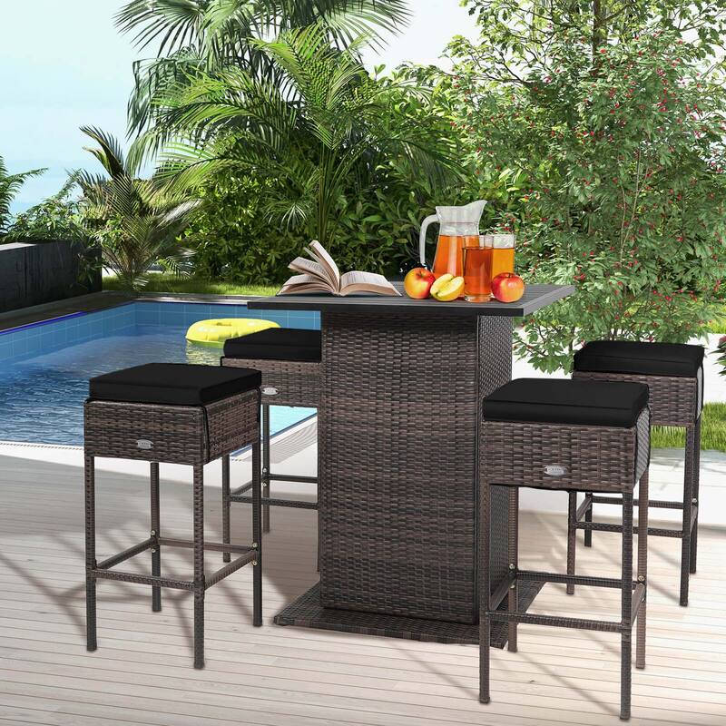 Costway 5PCS Patio Rattan Bar Table Stool Set Hidden Storage Shelf