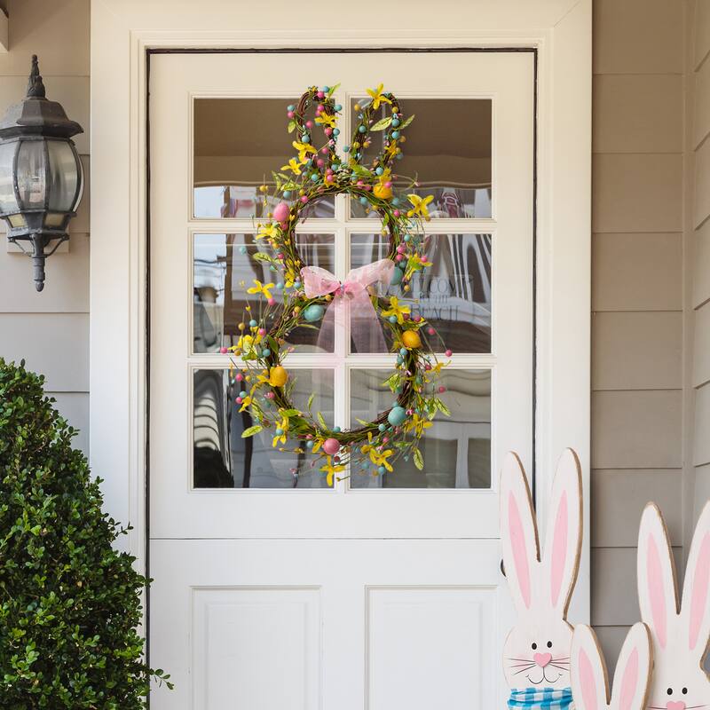 Glitzhome Easter Bunny Shaped Wreath with Eggs Satin Ribbon Bow Basket
