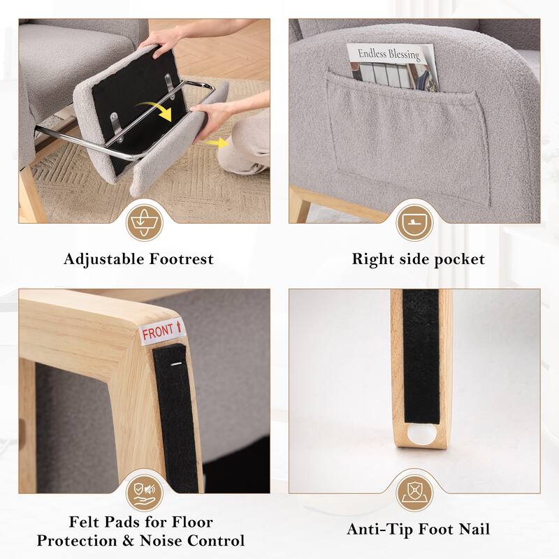 Rocking Chair Accent Chair Light Gray Office Chair with Adjustable Footstool, Rustic Arm Chair Padded Chair