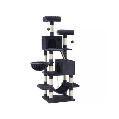 Cat Tree, 66.1-Inch Large Cat Tower with 13 Scratching Posts, 2 Perches, 2 Caves, Basket, Hammock, Pompoms