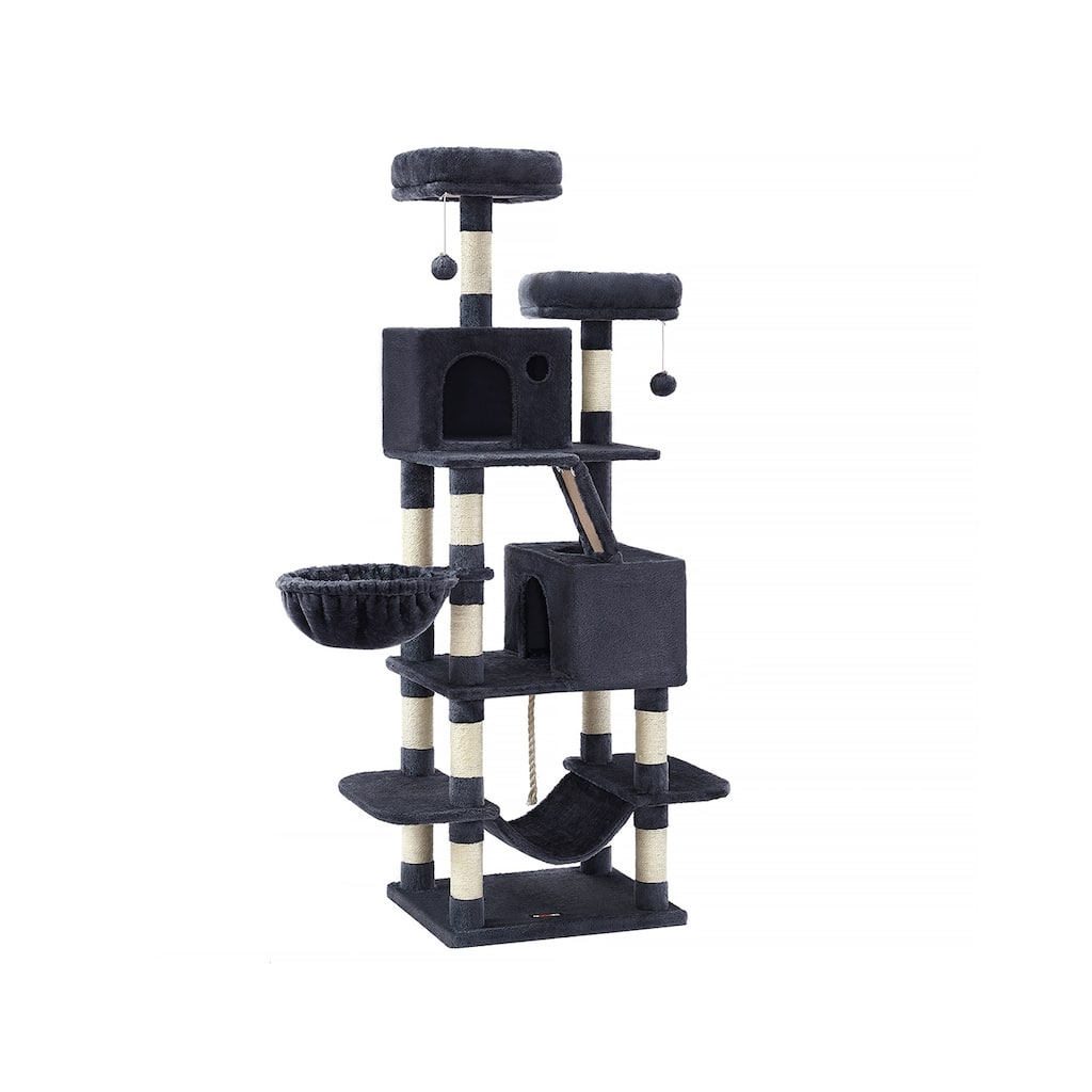 Cat Tree, 66.1-Inch Large Cat Tower with 13 Scratching Posts, 2 Perches, 2 Caves, Basket, Hammock, Pompoms