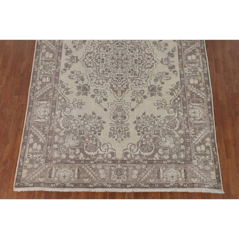 Distressed Tabriz Vintage Persian Rug Hand-Knotted Blue Wool Carpet - 6'7" x 9'6"