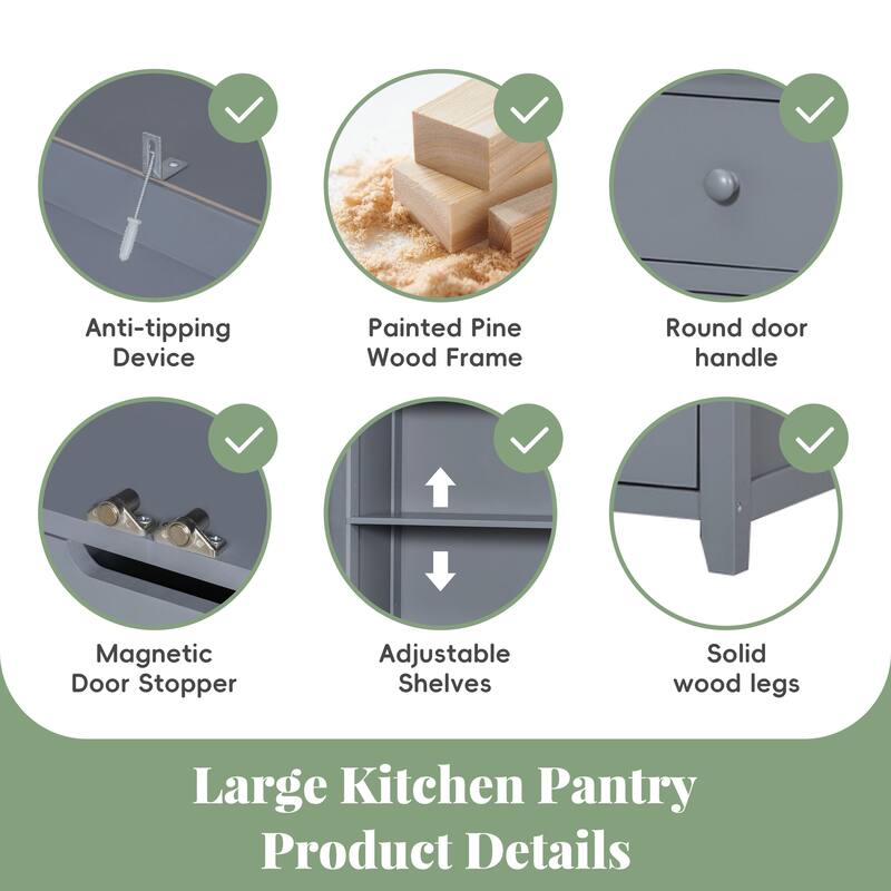 Freestanding Large Kitchen Pantry Wooden Kitchen Storage Cabinet Cupboard with 8 Door Shelves, - Gray