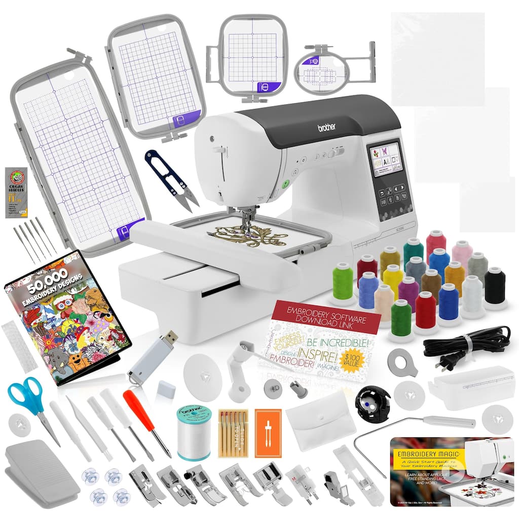 Brother SE2000 Sewing and Embroidery Machine Ultimate Bundle - Includes 4 Hoops, 20 Premium Threads & More