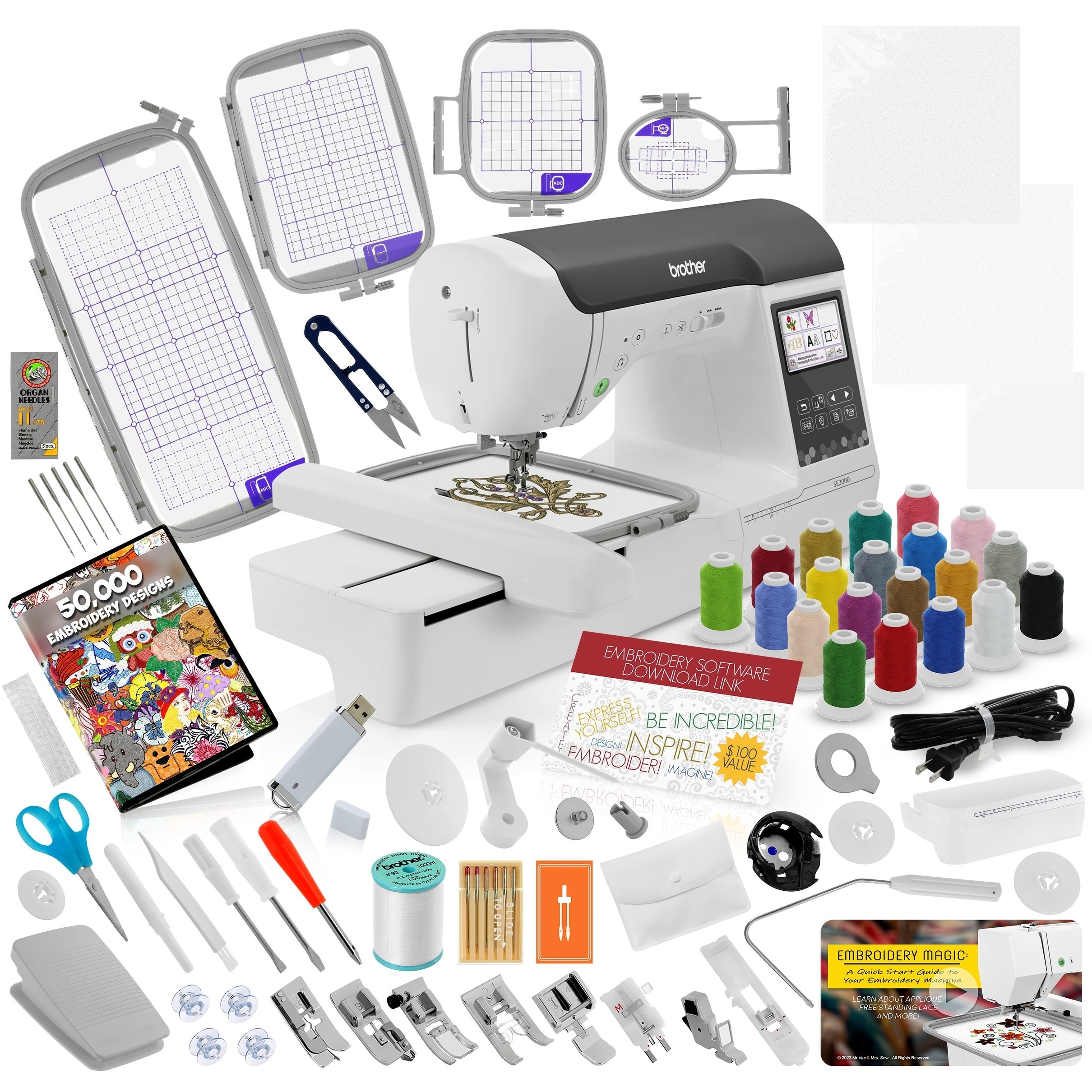 Brother SE2000 Sewing and Embroidery Machine Ultimate Bundle - Includes 4 Hoops, 20 Premium Threads & More