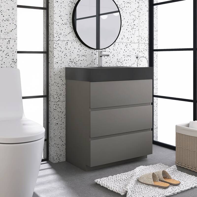 Freestanding Bathroom Vanity with Black Solid Surface Top
