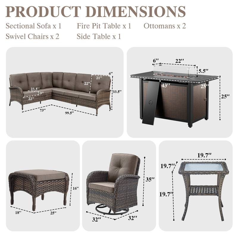 Fire Pit Table with Sectional Sofa Swivel Chairs Ottomans -Grey - Brown