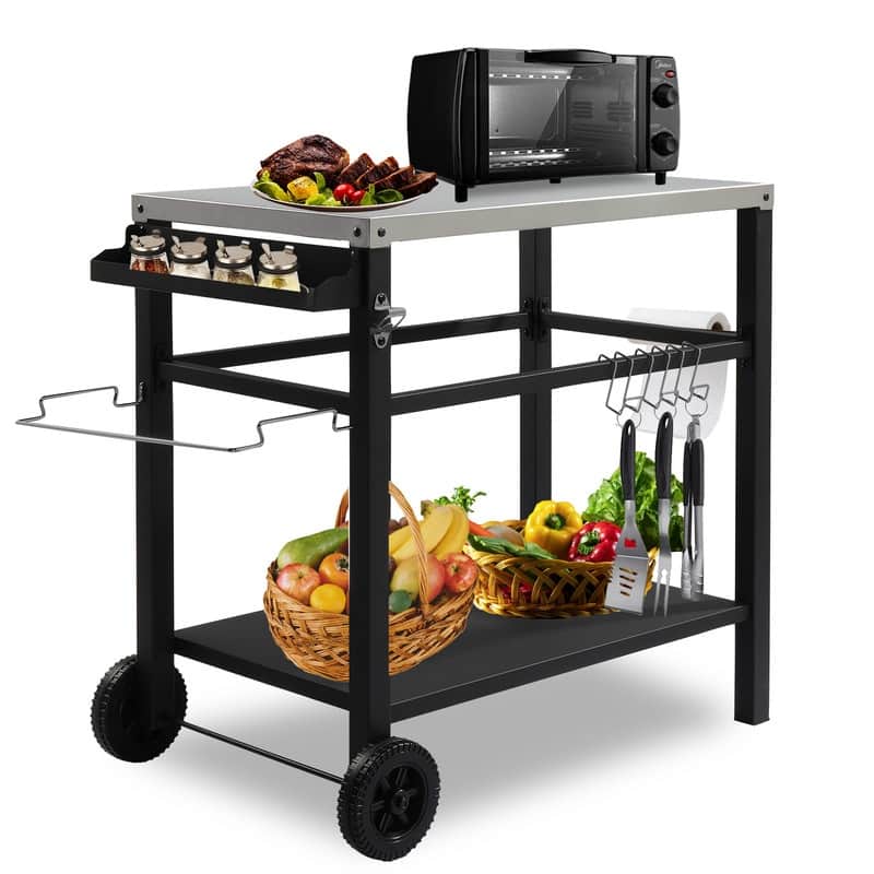 Outdoor Grill Cart Movable BBQ Trolley Food Prep Cart with Two Wheels & Hooks