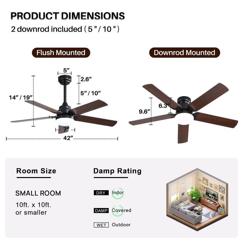 42-inch Flush Mount and Downrod Mount Ceiling Fan with Light and Remote, 5 Plywood Blades - 42 Inch diameter