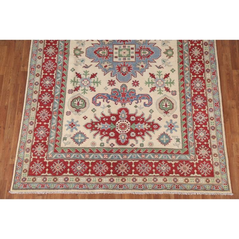Hand Knotted Oriental 100% Wool Carpet Traditional Geometric Beige & Ivories Kazak Area Rug - 9' 9'' X 6' 7''