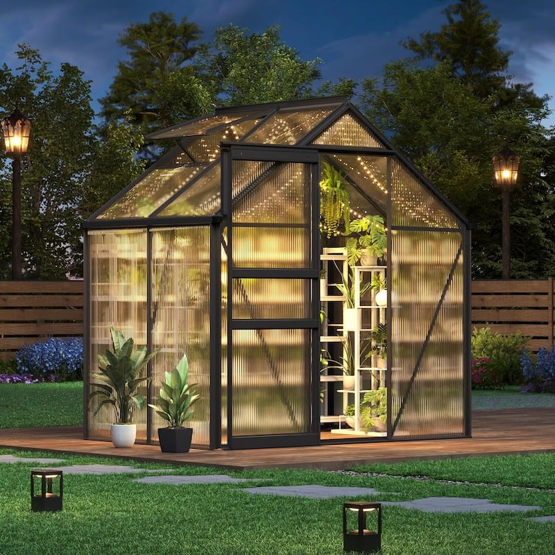 All-Season Backyard Garden 6x4FT Walk-in Polycarbonate Greenhouse, Black - Metal