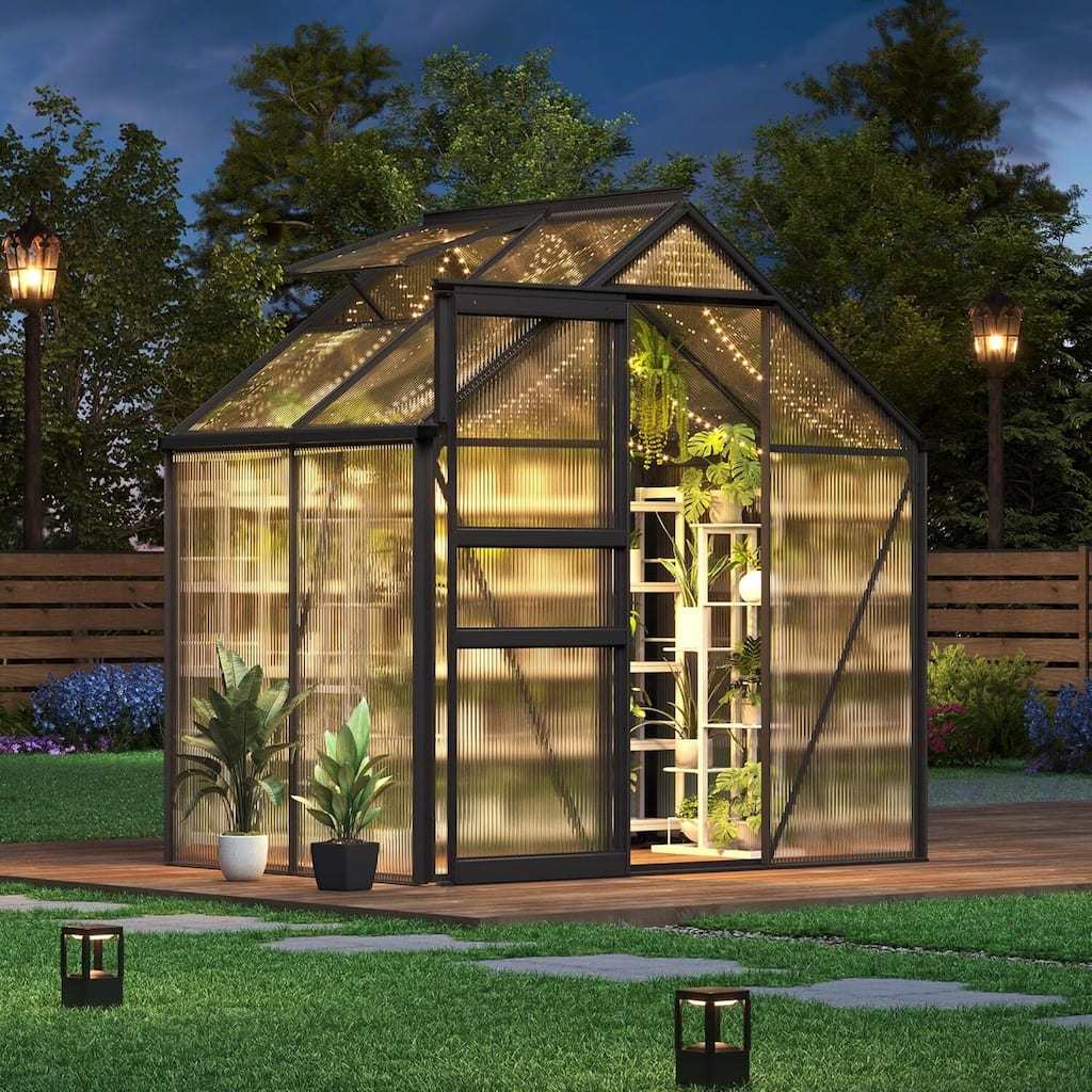 All-Season Backyard Garden 6x4FT Walk-in Polycarbonate Greenhouse, Black