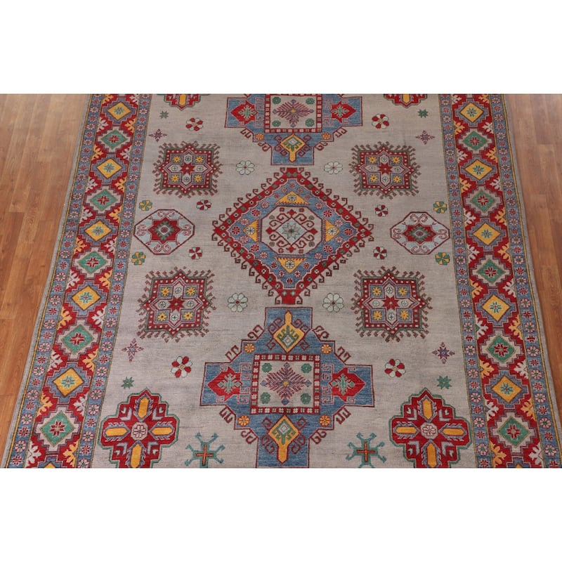 Grey Geometric Kazak Area Rug Hand-Knotted Wool Carpet - 8'2"x 11'5"