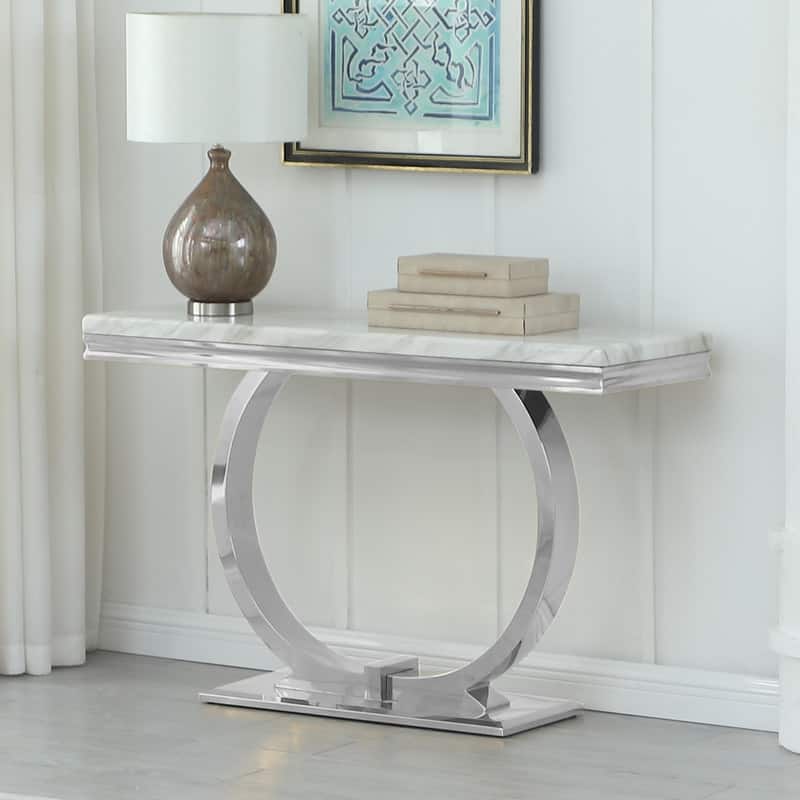 Best Master Furniture Erasmus White/Silver Marble Single Ring Pedestal Sofa Table