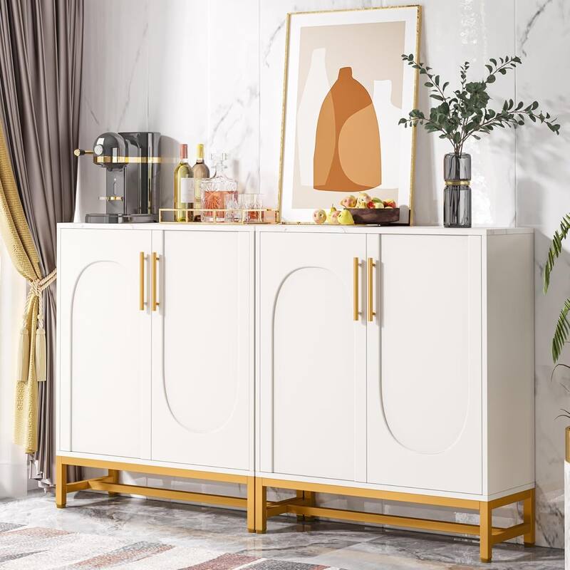 4-Door Sideboard Buffet, Faux Marble Storage Cabinet with Adjustable Shelf for Kitchen