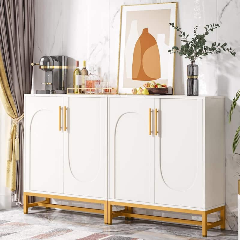 Modern Sideboard Buffet Cabinet with Faux Marble Top, 4-Door Storage with Adjustable Shelves for Kitchen Dining Room - Beige