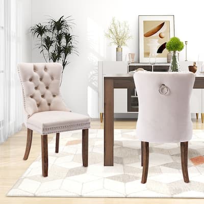 Set of 2 Velvet Dining Chairs,Tufted Solid Wood Armless Chairs Accent Chair with Nailhead Trim and Back Ring Pull - N/A