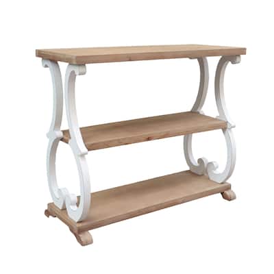 3 Tier Wood Console Table with Curved Legs, Brown and White, 35.4" L x 15" D x 30.2" H - 35.4" x 15" x 30.2"