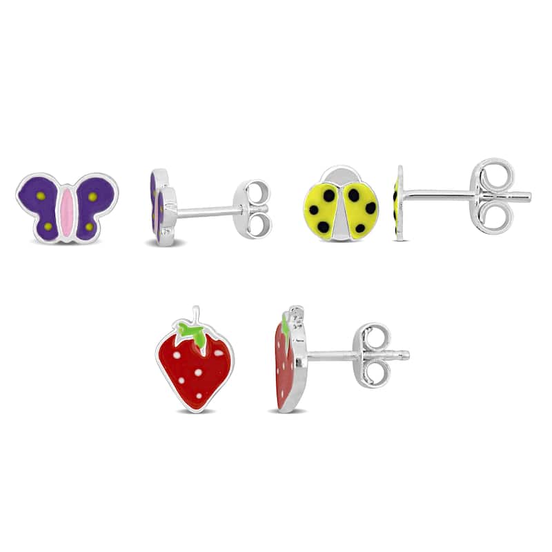 Miadora Children's Butterfly Ladybug Strawberry Enamel Stud Earrings 3-Piece Set