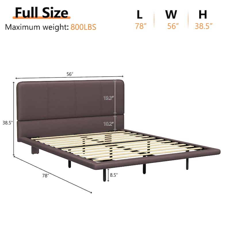Floating Bed Frame with LED Light, Modern PU Leather Platform Bed, No Boxing Spring Needed, Assemble Easily, Full Size