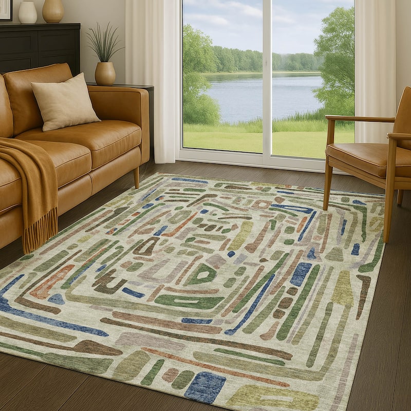Machine Washable Indoor/ Outdoor Global Geo Chantille Rug