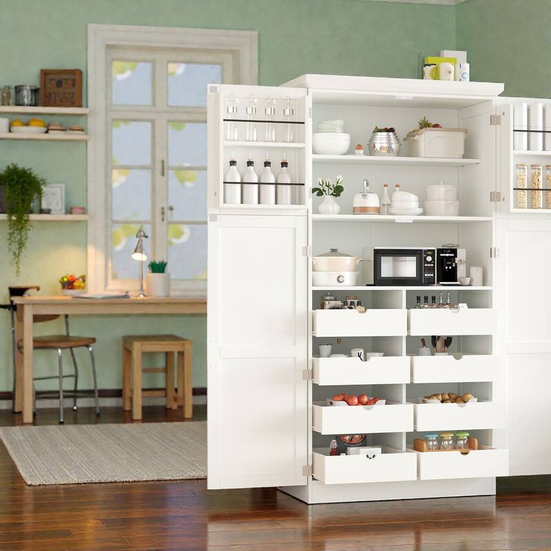 35.5 Inch Freestanding Kitchen Pantry Cabinet with 4 Doors, 8 Pull-Out Trays, Adjustable Shelves, Tall Dining Storage Organizer