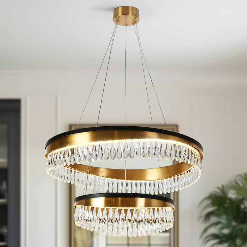 Modern Luxury 2-Tier LED Crystal Chandelier Black Gold Drum Light for Dining Living Room - D31.5" x H73" Max