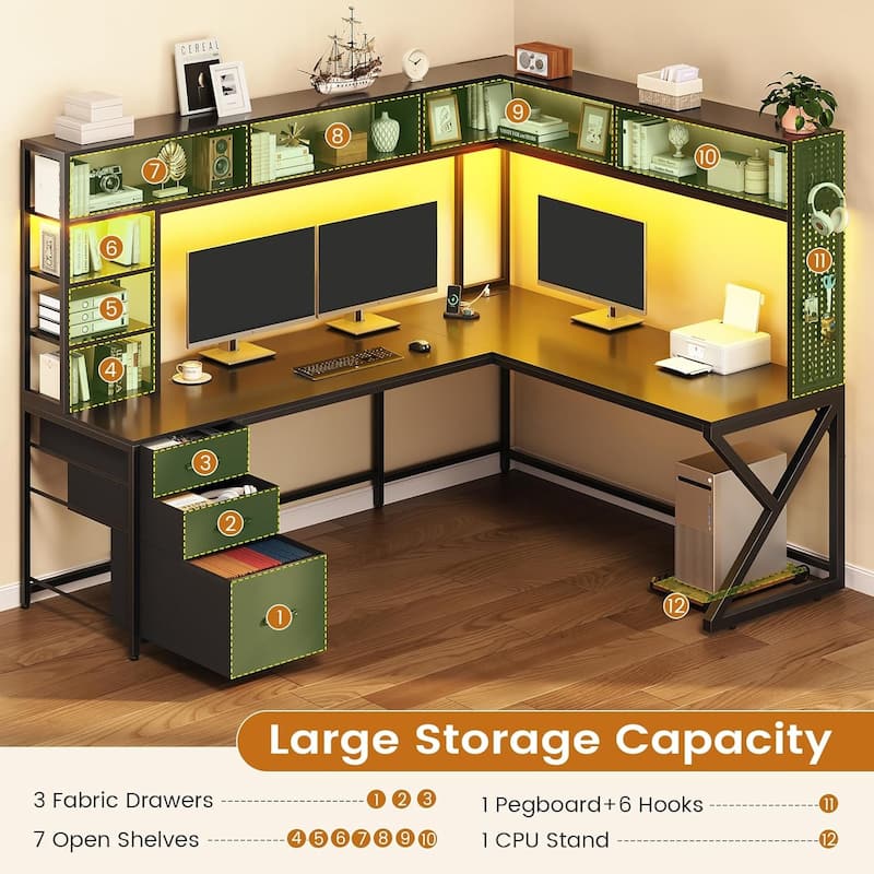 L Shaped Gaming Desk with Storage Shelves and Hutch Computer Desk 3 Drawers