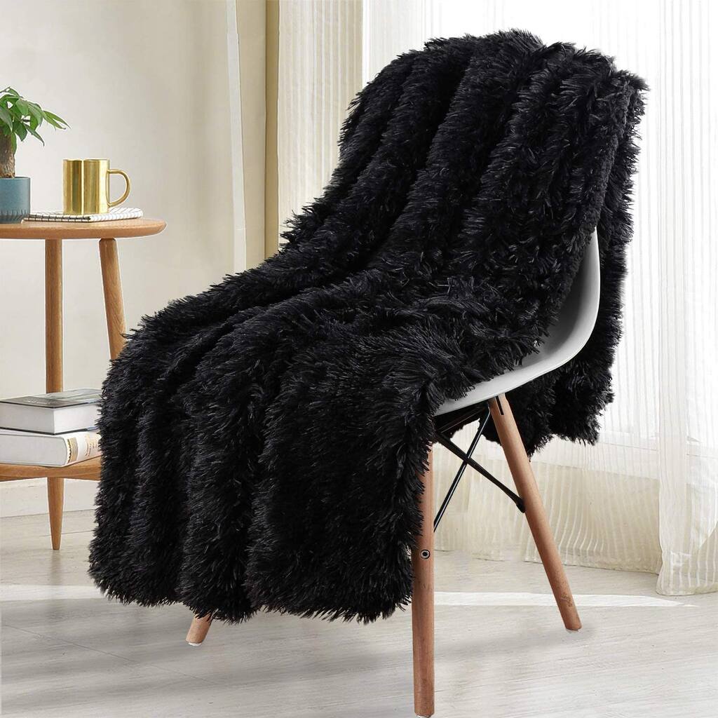 (expired) Gifeas Shaggy Longfur Throw Blanket with Sherpa Large Plush Fuzzy Blanket, 50''x60'', Black