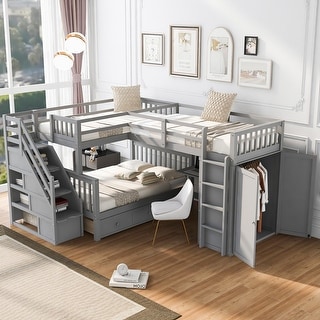 Twin-Twin over Full L-Shaped Bunk Bed With 3 Drawers, Portable Desk and Wardrobe