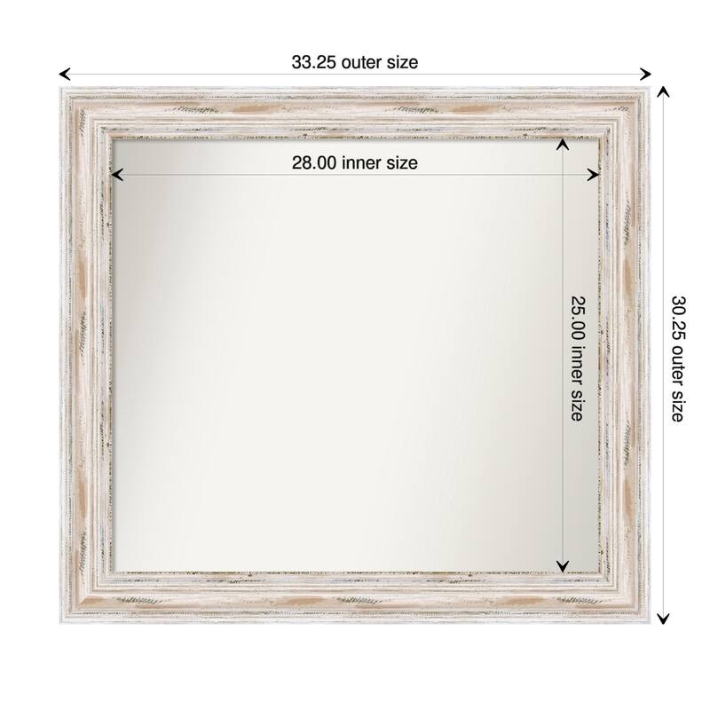 Alexandria White Wash Framed Non-Beveled Custom Wall Mirror, Bathroom Vanity Mirror - Outer Size: 33.25 x 30.25