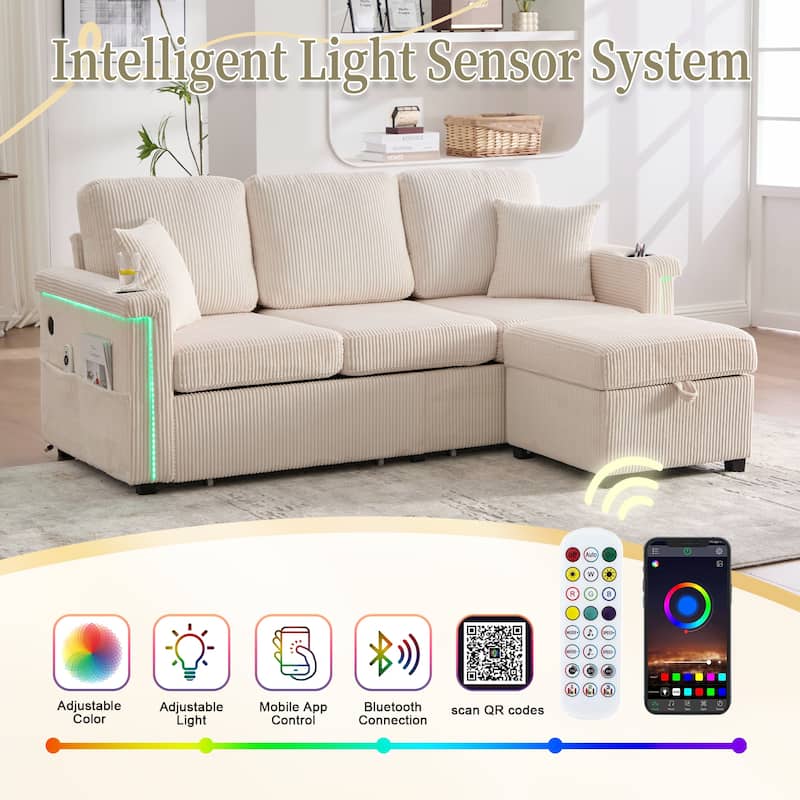 HOMEFUN Corduroy Upholstered L-shaped Pull-Out Storage Sectional Sofa with Storage Ottoman,USB Charging,Cup Holder