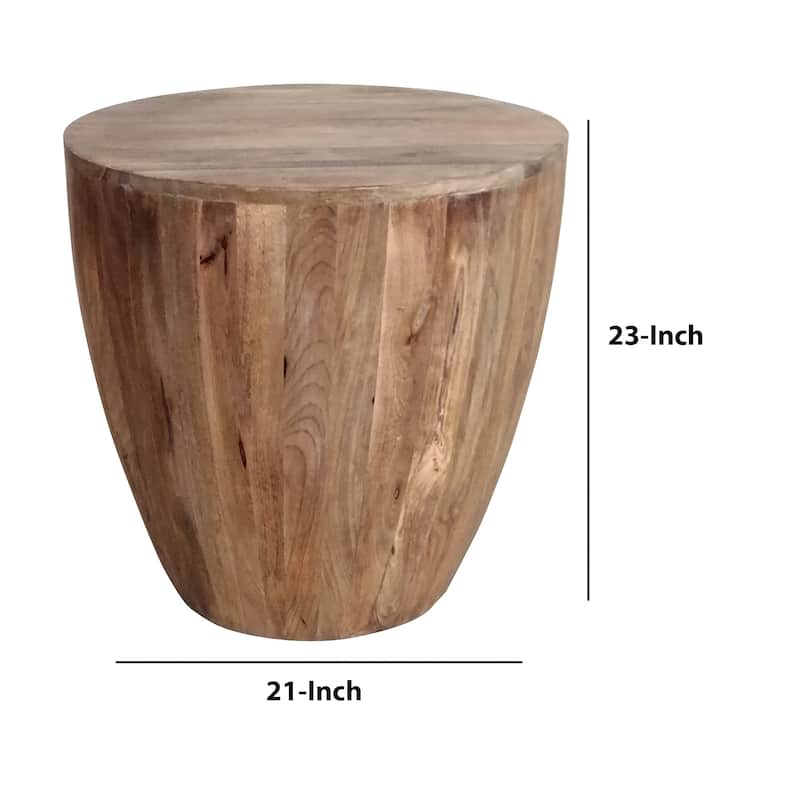 Arthur Handcarved Cylindrical Shape Round Mango Wood Distressed Wooden Side End Table, Brown