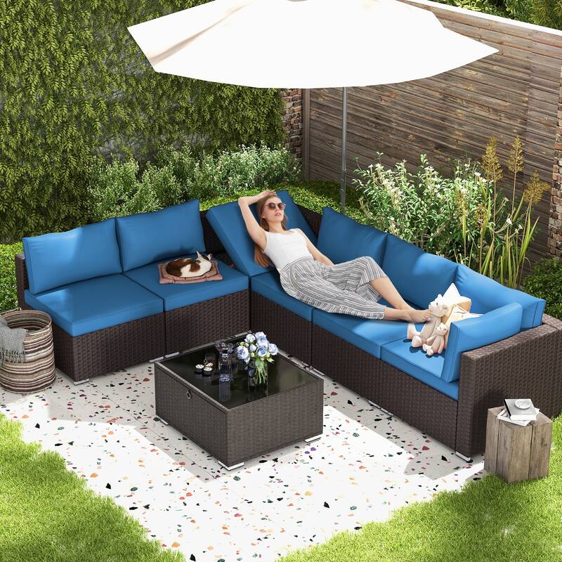 EROMMY 6/7 Piece Modular Outdoor Rattan Sofa Set, All-Weather Wicker Patio Furniture with Storage Table, Cushions & Pillows