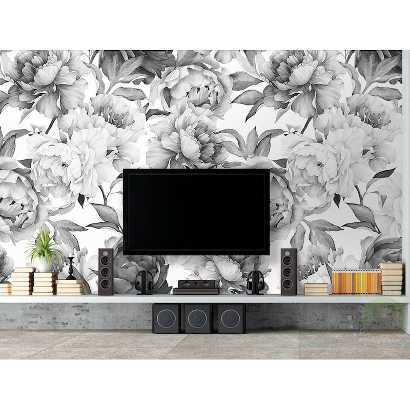 GK Wall Design Charcoal Flower Monochrome Peony Peel&Stick Wallpaper