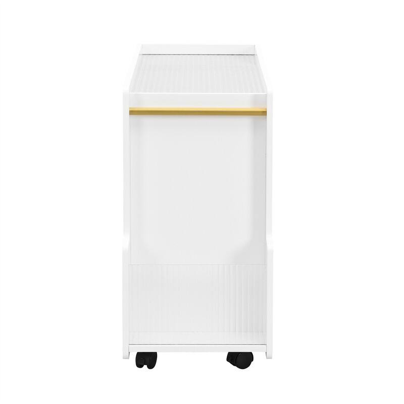 Mobile End Table with Thick Fluted Tempered Glass, Narrow Side Table with Lockable Wheels and Open Storage Compartments