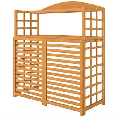 Light Brown Fir Wood Air Conditioner Fence with Elevated Base and Open Shelves for Garden Accessories