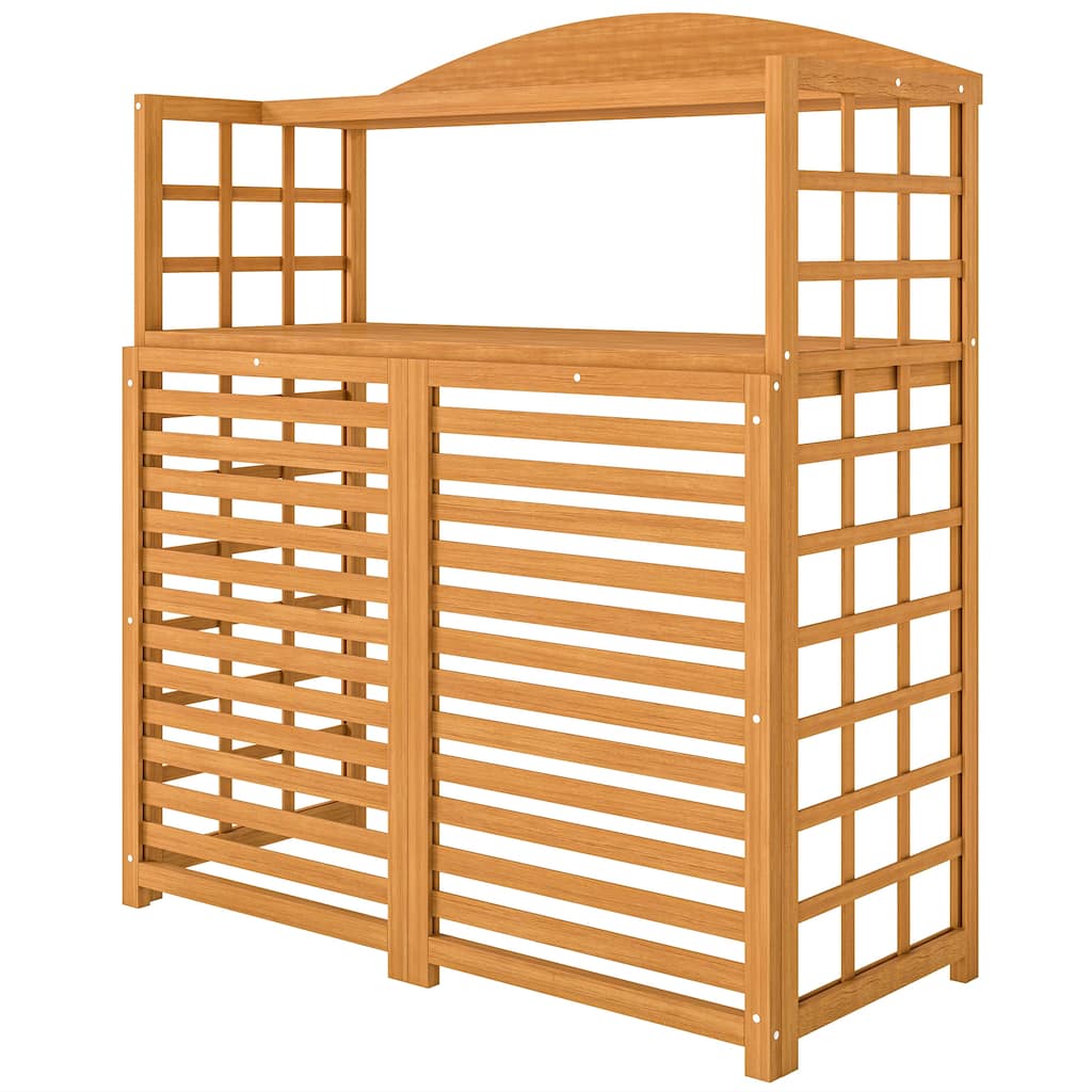 Light Brown Fir Wood Air Conditioner Fence with Elevated Base and Open Shelves for Garden Accessories