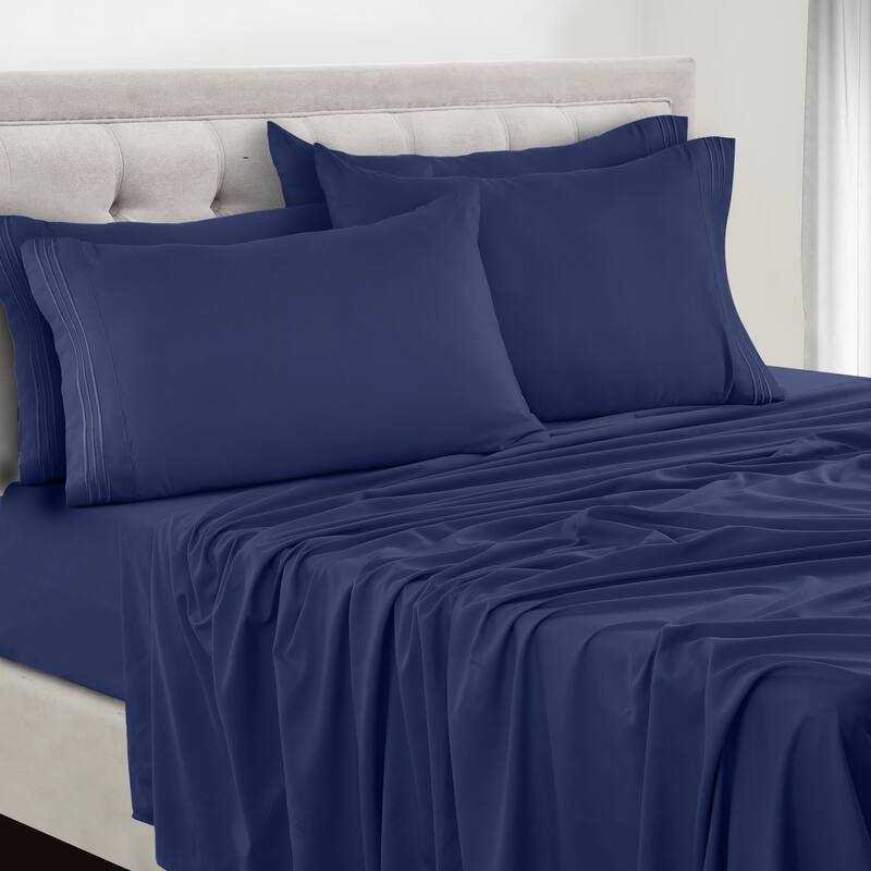 6 Piece Bed Sheet Set Deep Pocket Ultra Soft Microfiber Bedding Sheets - King - Navy Blue