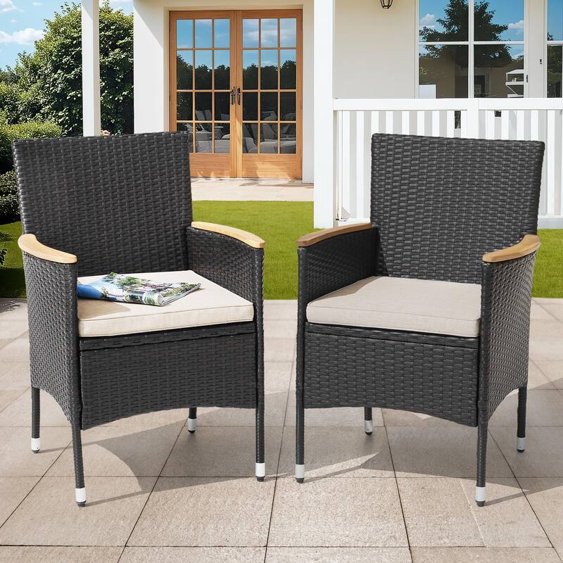 All Weather Wicker Patio Chairs Set of 2 with Cushions, Acacia Armrests