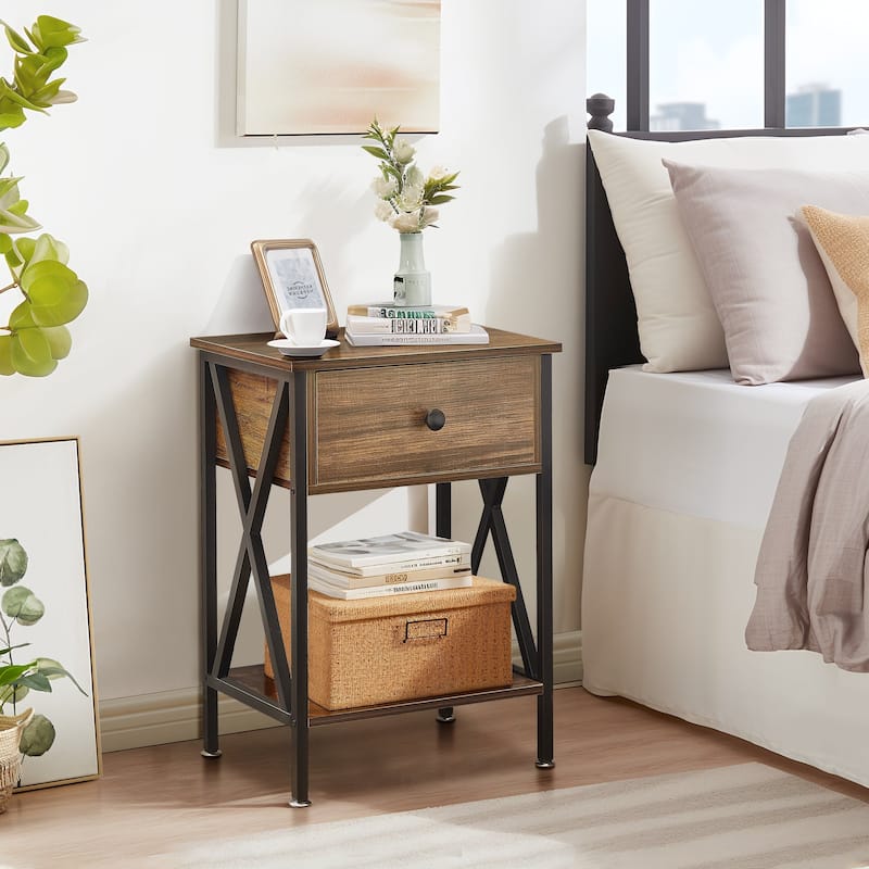 VECELO Modern Nightstand 1-Drawer with Storage Shelf, End Table/Side Table - Brown