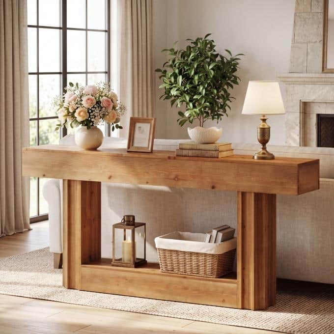 63 Inch Solid Wood Sofa Console Table, Entryway Table with Shelf